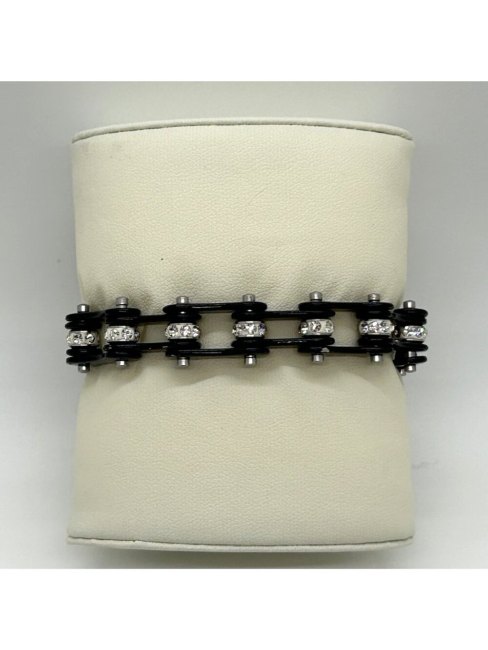 Black Stainless Steel Motorcycle Bike Chain Bracelet With Rhinestone Studs - Picture 2 of 11